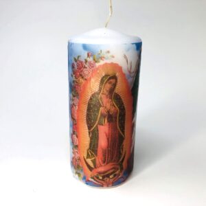 Small Pillar candle set of two pieces size 2 wide by 4 inches tal decoupage Virgen de Guadalupe, traditional image white unscented