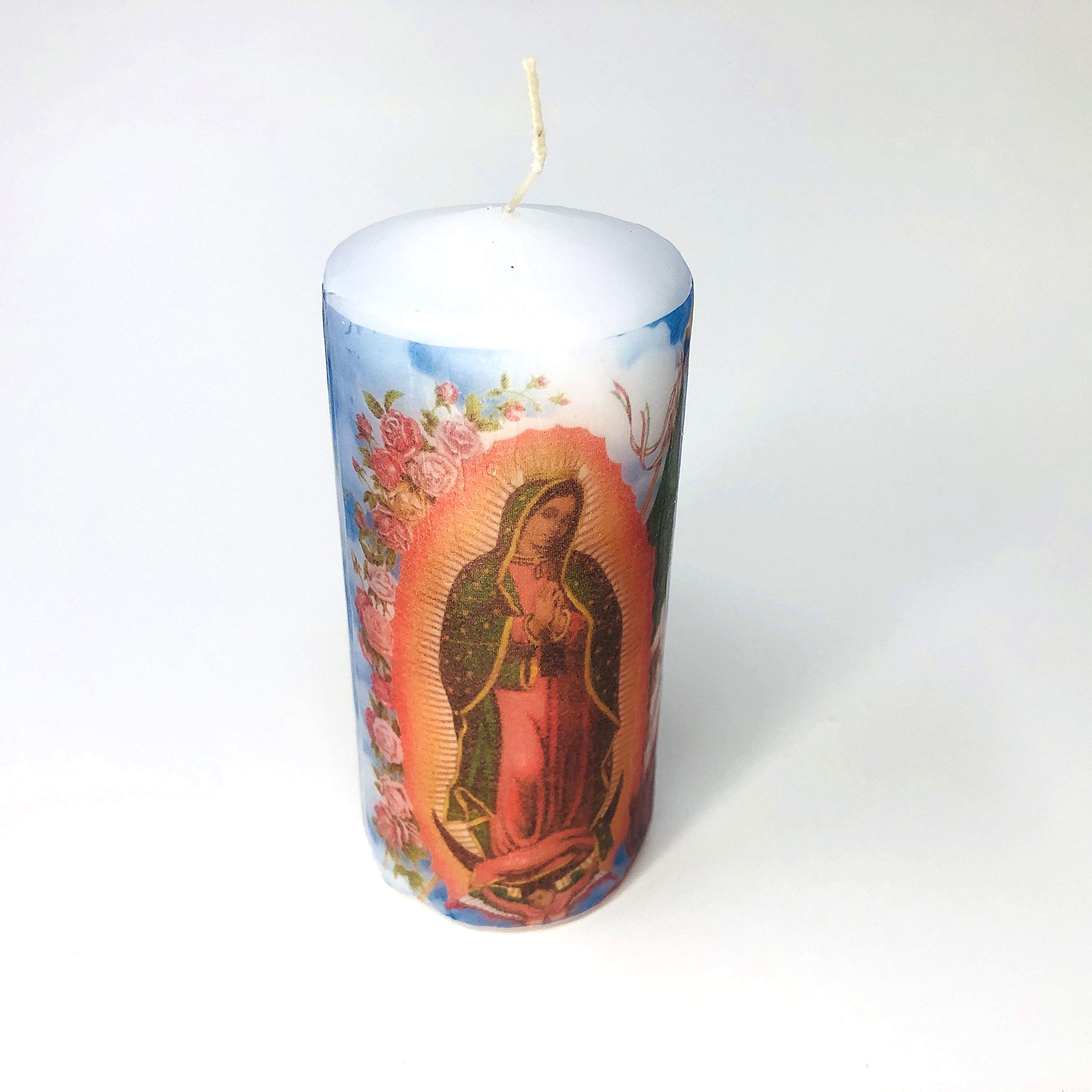 Small Pillar candle set of two pieces size 2 wide by 4 inches tal decoupage Virgen de Guadalupe, traditional image white unscented