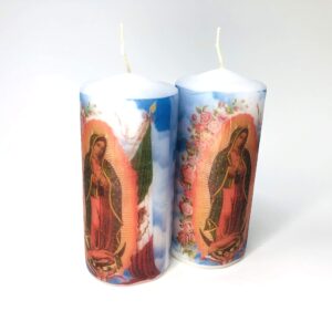 Small Pillar candle set of two pieces size 2 wide by 4 inches tal decoupage Virgen de Guadalupe, traditional image white unscented