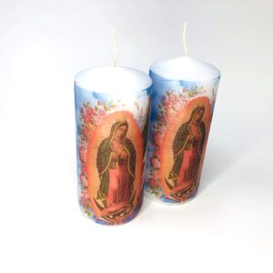 Small Pillar candle set of two pieces size 2 wide by 4 inches tal decoupage Virgen de Guadalupe, traditional image white unscented