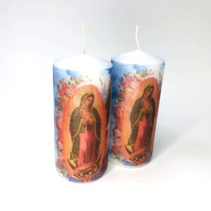 Small Pillar candle set of two pieces size 2 wide by 4 inches tal decoupage Virgen de Guadalupe, traditional image white unscented