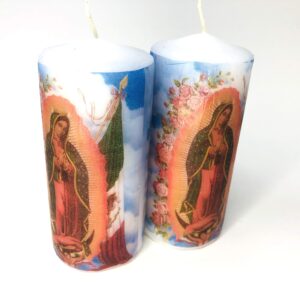 Small Pillar candle set of two pieces size 2 wide by 4 inches tal decoupage Virgen de Guadalupe, traditional image white unscented