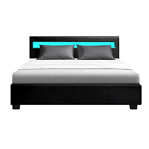 Artiss Queen Leather Upholstery Bed Frame with Gas Lift Storage and LED Headboard, Black