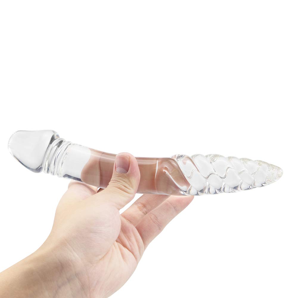 Glass Dildo, Crystal Double-ended Penis Pleasure Wand with Spiral Texture and Vivid Glans Anal Butt Plug for G-spot Stimulation