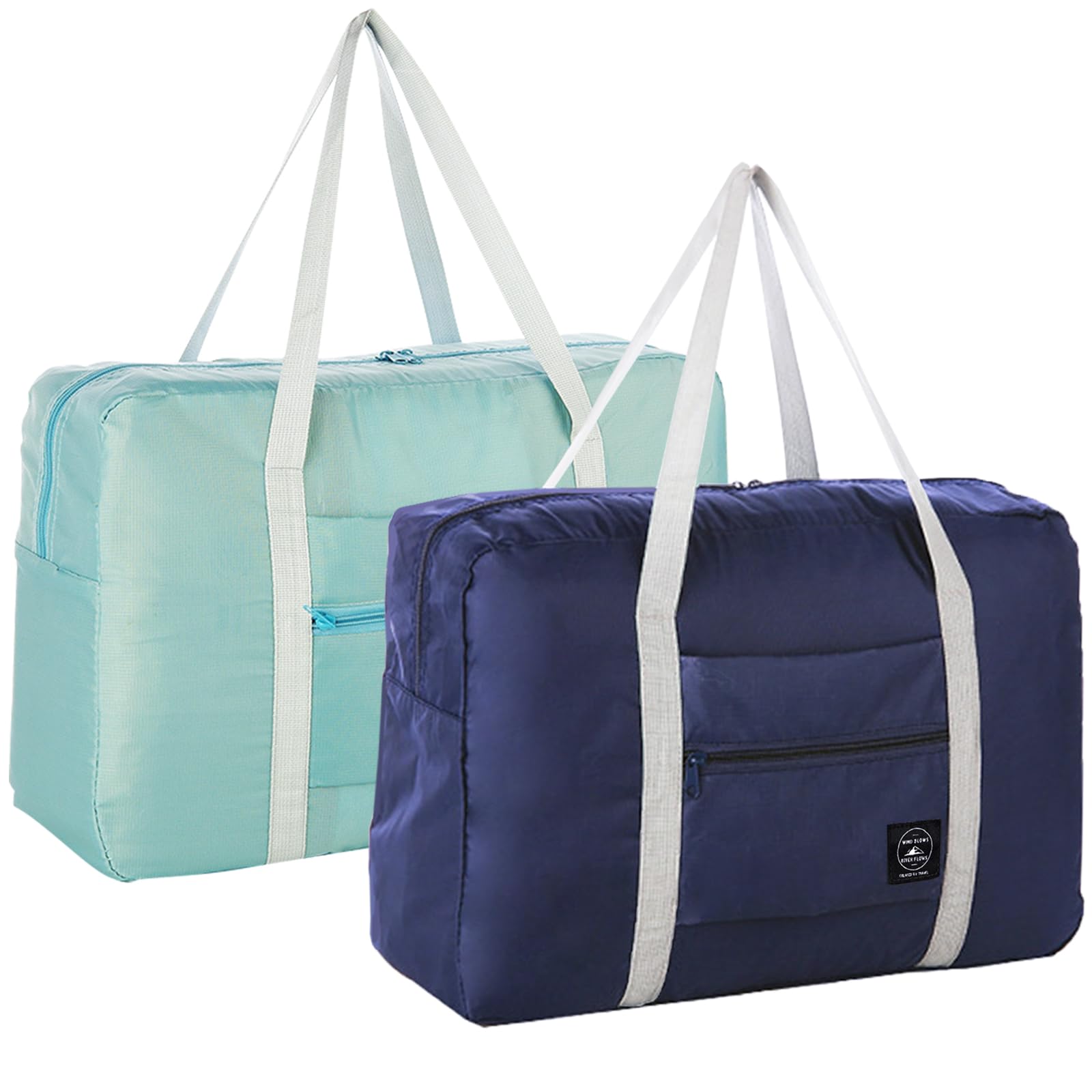 2PCS Foldable Travel Duffel Bag 2PCS Tote Carry on Luggage Bag Spirit Airlines Personal item Sports Gym Bag Water Resistant Weekender Overnight Bags for Women and Men (Green+Blue)