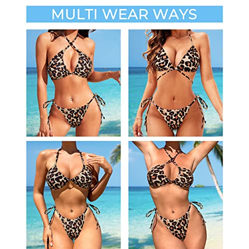 SUUKSESS Women String Triangle Bikini Sets Tie Side Thong Sexy Halter Swimsuits 2 Pieces (Cheetah, S)