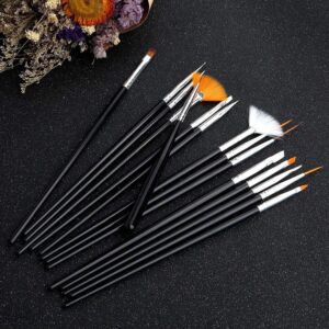 JOYJULY 20pcs Nail Art Design Tools, 15pcs Painting Brushes Set with 5pcs Dotting Pens, BLACK …