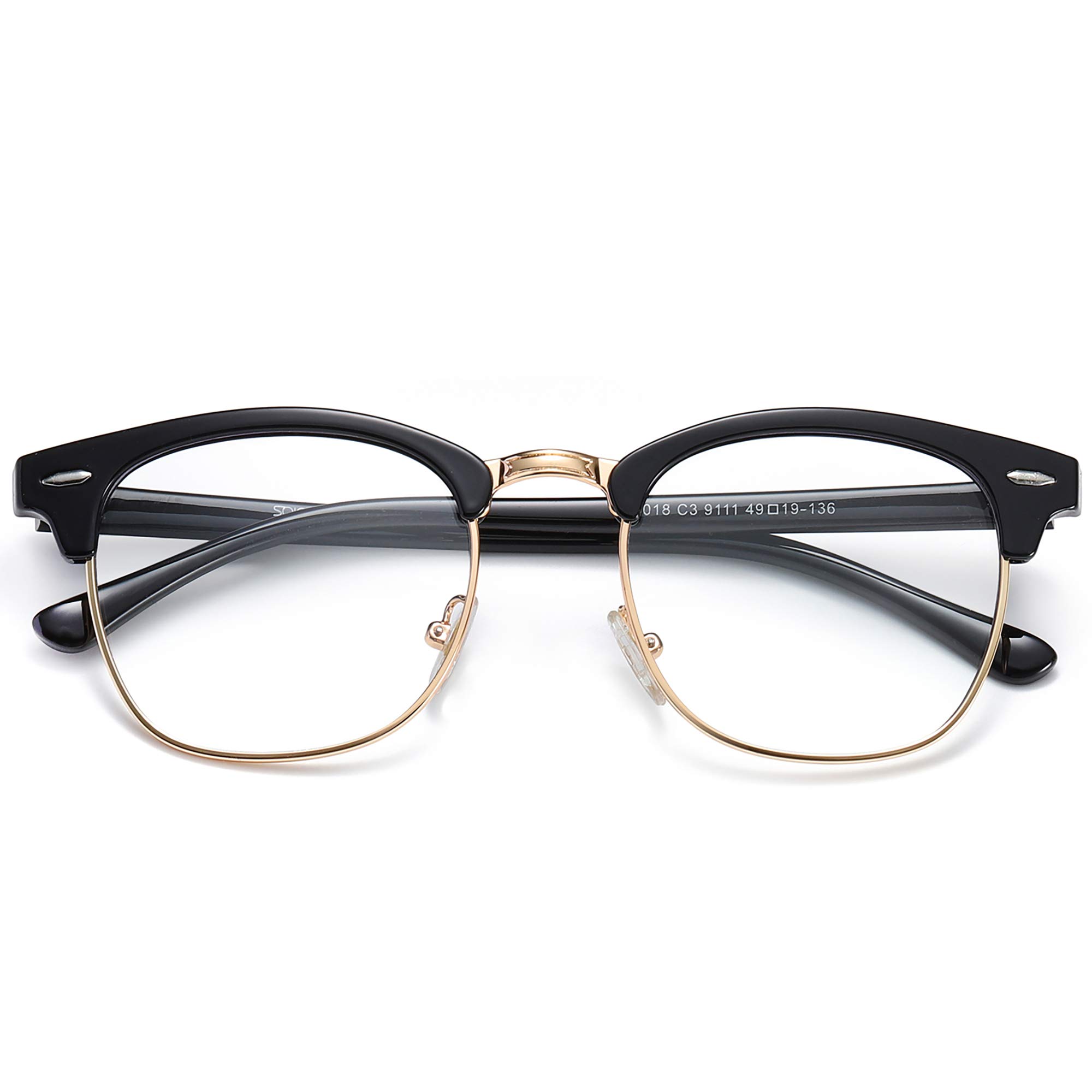 SOJOS Retro Semi Rimless Blue Light Blocking Glasses Half Horn Rimmed Eyeglasses SJ5018, Black Frame/Gold Rim