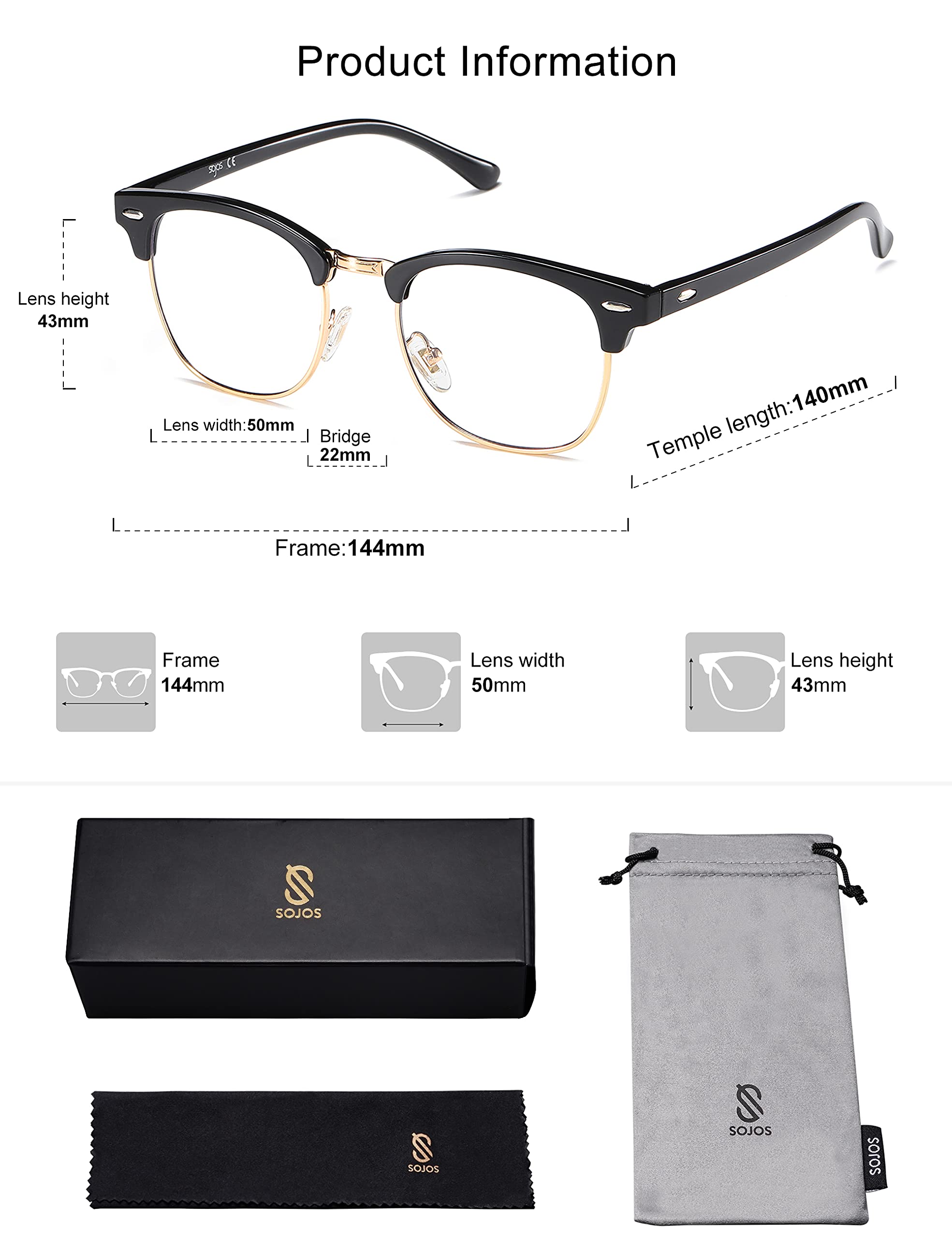 SOJOS Retro Semi Rimless Blue Light Blocking Glasses Half Horn Rimmed Eyeglasses SJ5018, Black Frame/Gold Rim