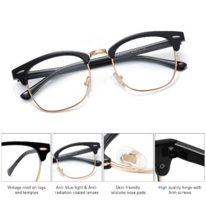 SOJOS Retro Semi Rimless Blue Light Blocking Glasses Half Horn Rimmed Eyeglasses SJ5018, Black Frame/Gold Rim