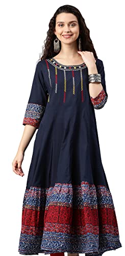 Yash Gallery Women's Cotton Embroidered Anarkali Kurta (Blue)