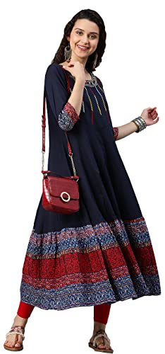 Yash Gallery Women's Cotton Embroidered Anarkali Kurta (Blue)