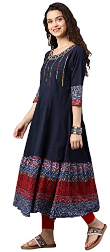 Yash Gallery Women's Cotton Embroidered Anarkali Kurta (Blue)