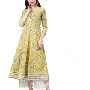 Yash Gallery Indian Cotton Floral Printed Anarkali Kurtis for Women (Lemon Yellow)