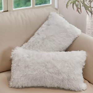 Cheer Collection Throw Pillows for Couch with Inserts Included - Soft Shaggy Long Hair Faux Fur Pillows - Set of 2-12" x 20" - White