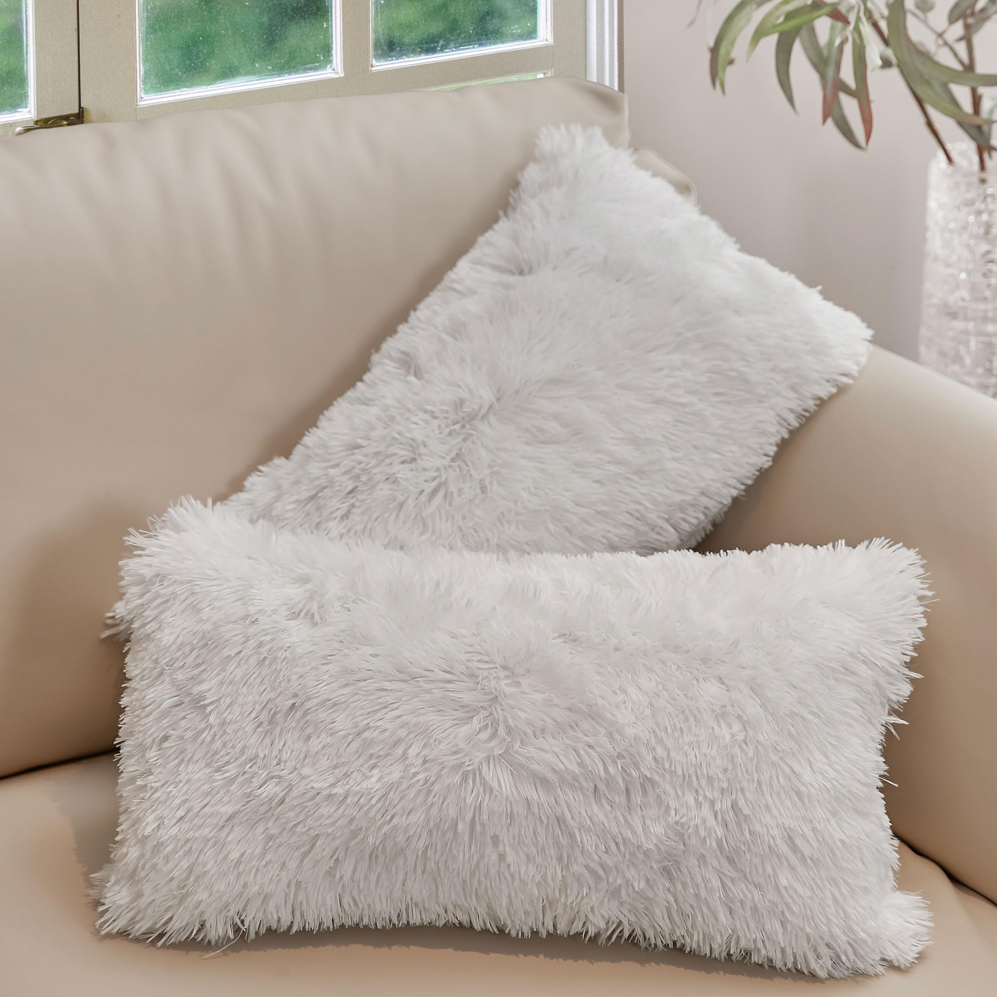 Cheer Collection Throw Pillows for Couch with Inserts Included - Soft Shaggy Long Hair Faux Fur Pillows - Set of 2-12" x 20" - White