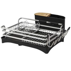 BRIAN & DANY Aluminum Dish Drying Rack, Dish Racks for Kitchen Counter, Dish Drainer with Removable Cutlery Holder & Cup Holder, Unique 360° Swivel Spout Drainboard, 16.5" L x 11.8" W, Silver