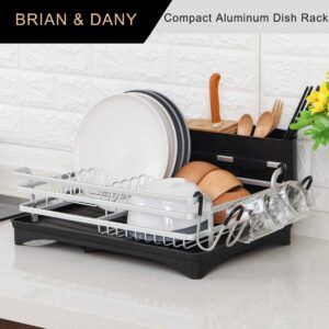 BRIAN & DANY Aluminum Dish Drying Rack, Dish Racks for Kitchen Counter, Dish Drainer with Removable Cutlery Holder & Cup Holder, Unique 360° Swivel Spout Drainboard, 16.5" L x 11.8" W, Silver