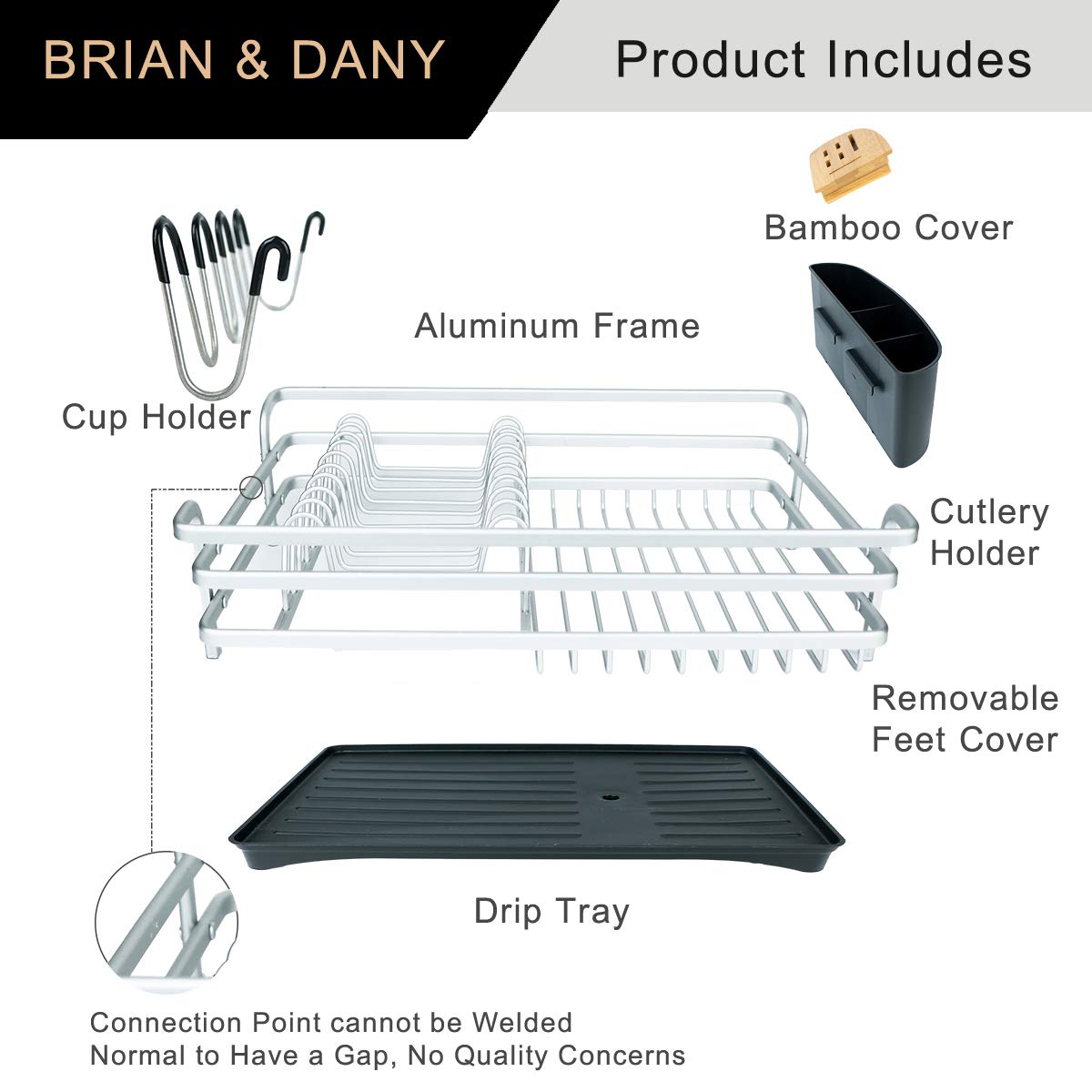 BRIAN & DANY Aluminum Dish Drying Rack, Dish Racks for Kitchen Counter, Dish Drainer with Removable Cutlery Holder & Cup Holder, Unique 360° Swivel Spout Drainboard, 16.5" L x 11.8" W, Silver