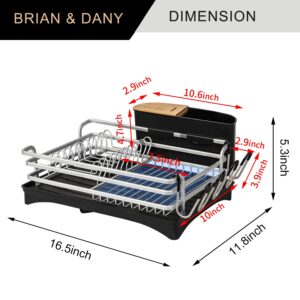 BRIAN & DANY Aluminum Dish Drying Rack, Dish Racks for Kitchen Counter, Dish Drainer with Removable Cutlery Holder & Cup Holder, Unique 360° Swivel Spout Drainboard, 16.5" L x 11.8" W, Silver