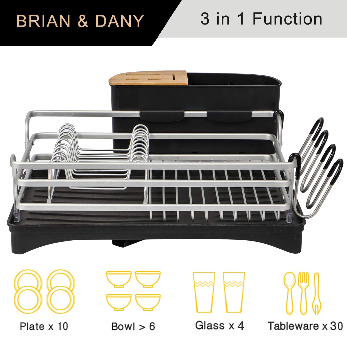 BRIAN & DANY Aluminum Dish Drying Rack, Dish Racks for Kitchen Counter, Dish Drainer with Removable Cutlery Holder & Cup Holder, Unique 360° Swivel Spout Drainboard, 16.5" L x 11.8" W, Silver