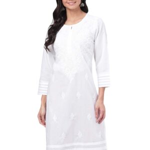 Ada Hand Embroidered Indian Chikankari Cotton Kurta Kurti Tunic for Women A149984 (White, Small)