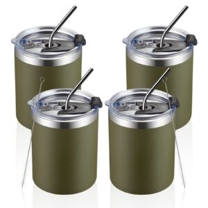 meway 12 oz lowball, tumbler stainless steel double wall vacuum insulated mug with straw and lid, cleaning brush ，durable powder coated insulated coffee cup for cold & hot drinks (army green,4 pack)