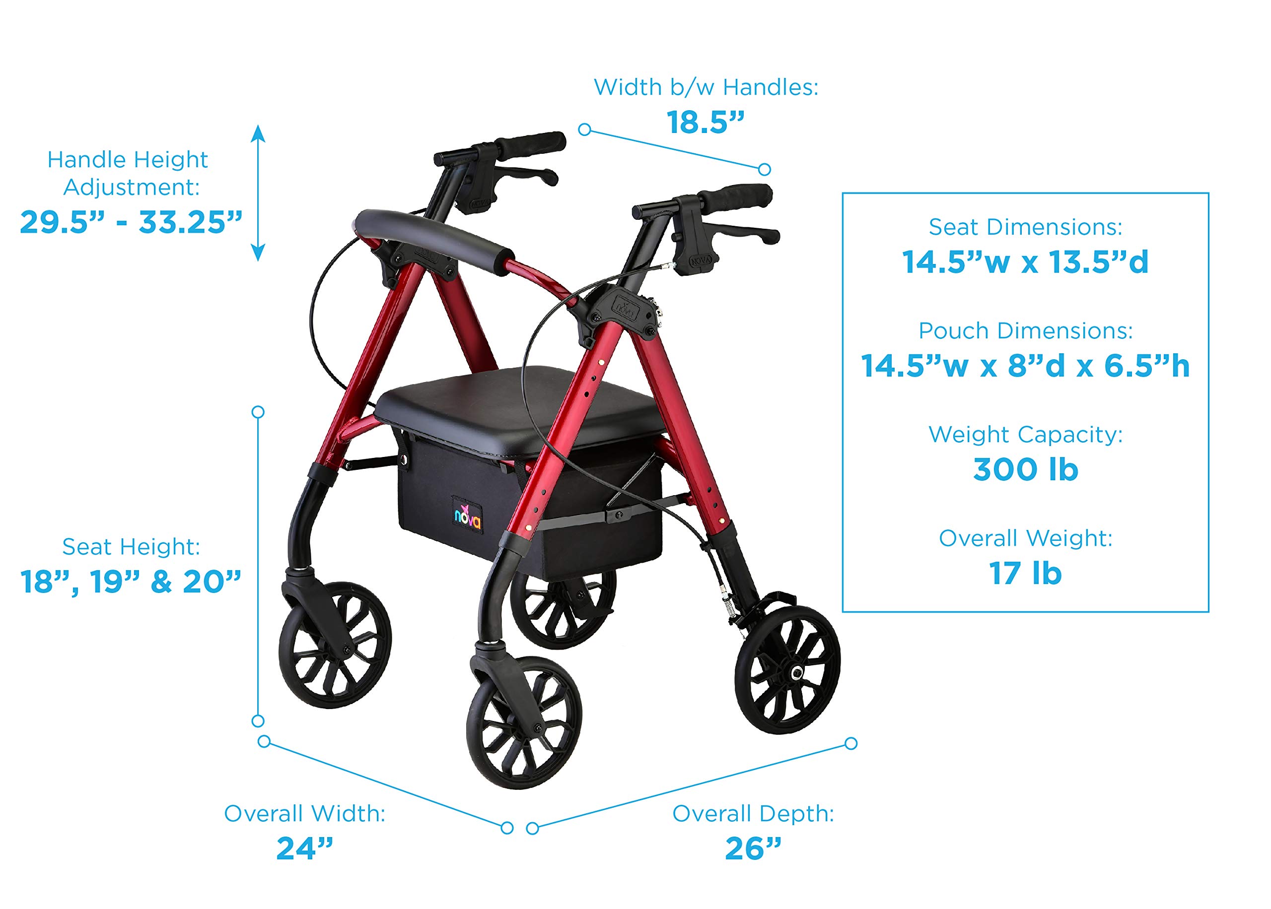 NOVA Medical Products Star 8 Rollator Walker with Perfect Fit Size System, Red, Petite, 1 Count