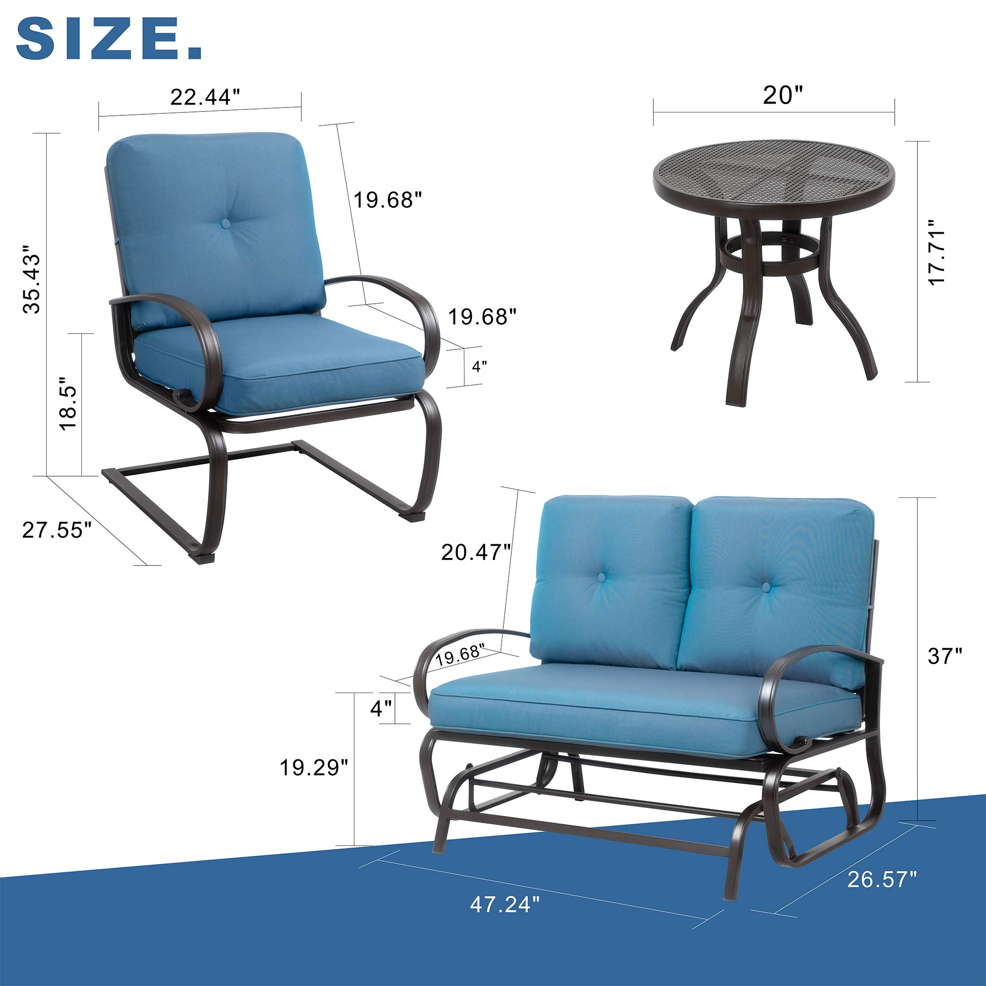 JY QAQA 4Pcs Outdoor Patio Furniture Conversation Sets (Glider Loveseat, Coffee Table, 2 Spring Chairs) Wrought Iron Frame Chair Set with Cushions for Patio, Garden and Backyard (Peacock Blue)