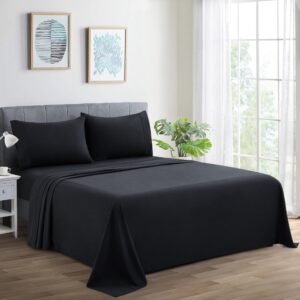 marina decoration 600 thread count ultra soft deep pocket hotel standard solid bedding long staple percale cotton all season 4 pieces sheet set with 2 pillowcases, black color queen size