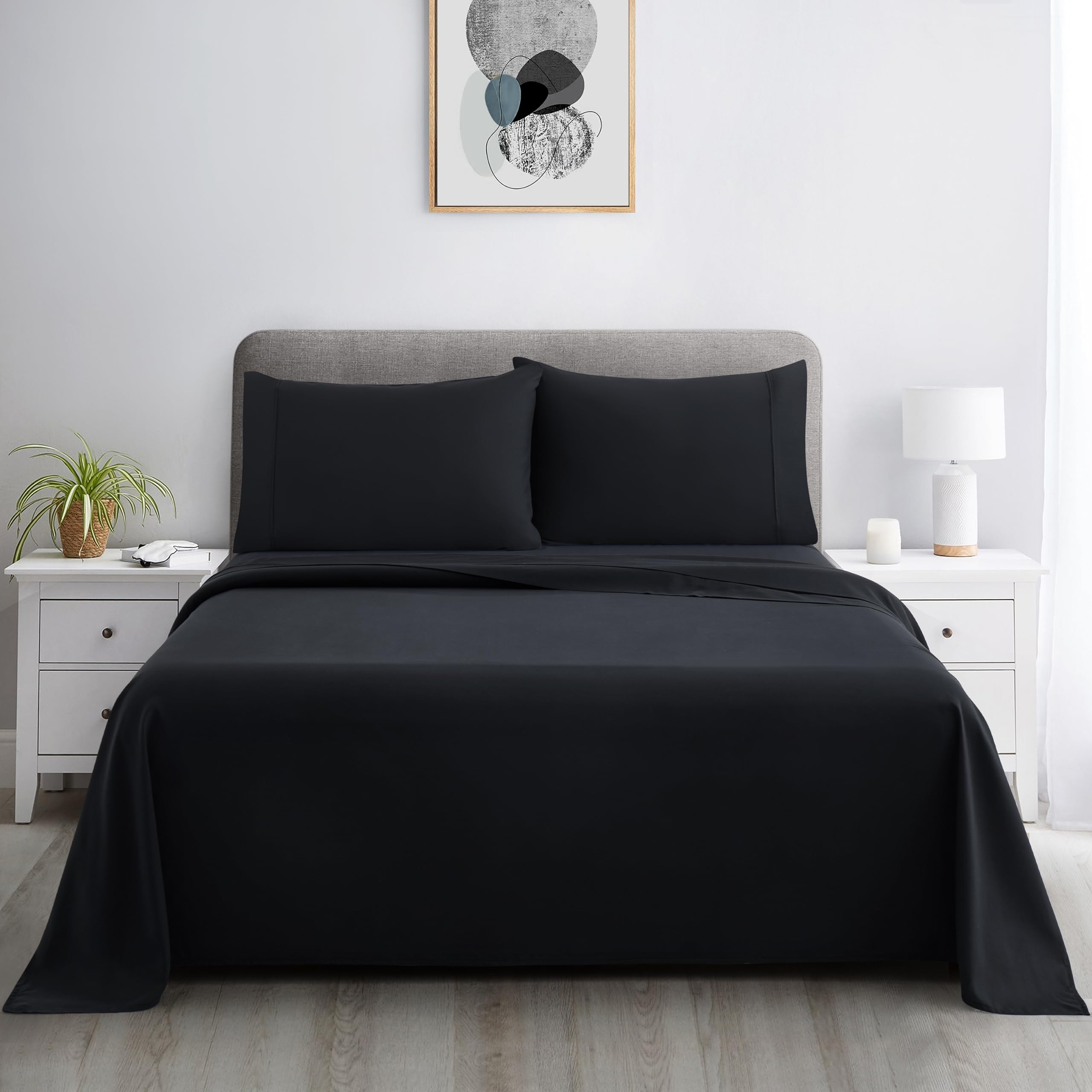 Marina Decoration 600 Thread Count Ultra Soft Deep Pocket Hotel Standard Solid Bedding Long Staple Percale Cotton All Season 4 Pieces Sheet Set with 2 Pillowcases, Black Color Queen Size