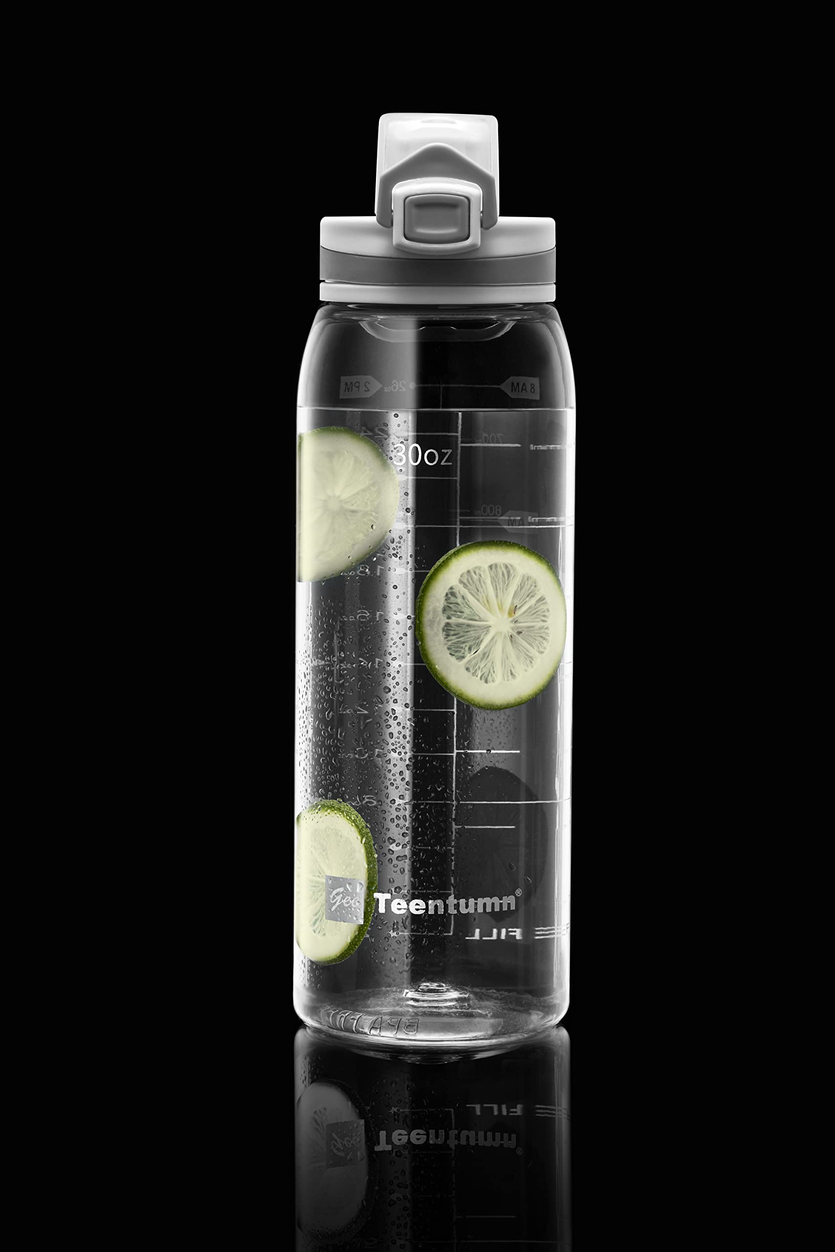 Teentumn 30oz Sport Water Bottle with Time Markers, Large Durable Gym Plastic Bottle Tritan BPA Free for Fitness, Outdoor Enthusiasts, Leakproof Clear (Pack of 1)