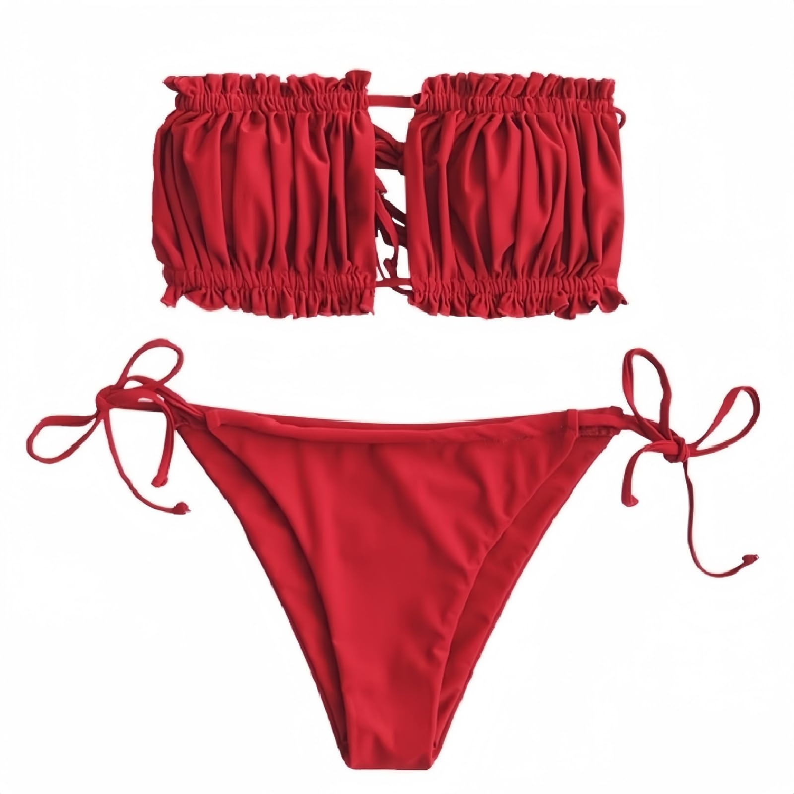 ZAFUL Womens Rib Ruched Bandeau Bikini Adjustable Tie Ruffle Cutout Sexy Swimwear Halter String Triangle Bikini Sets(2-Red, S)