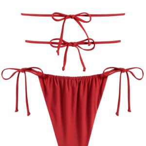 ZAFUL Womens Rib Ruched Bandeau Bikini Adjustable Tie Ruffle Cutout Sexy Swimwear Halter String Triangle Bikini Sets(2-Red, S)