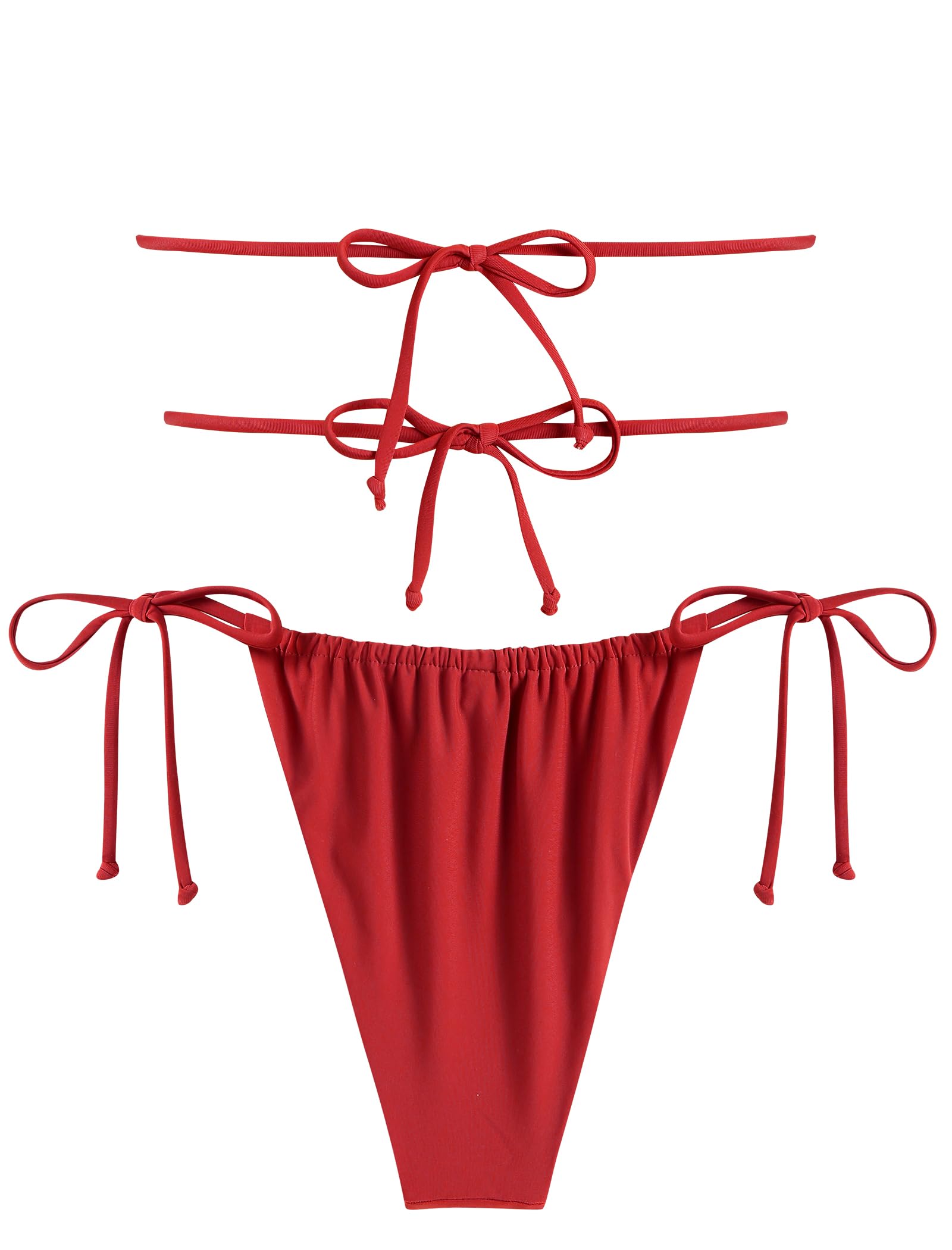 ZAFUL Womens Rib Ruched Bandeau Bikini Adjustable Tie Ruffle Cutout Sexy Swimwear Halter String Triangle Bikini Sets(2-Red, S)