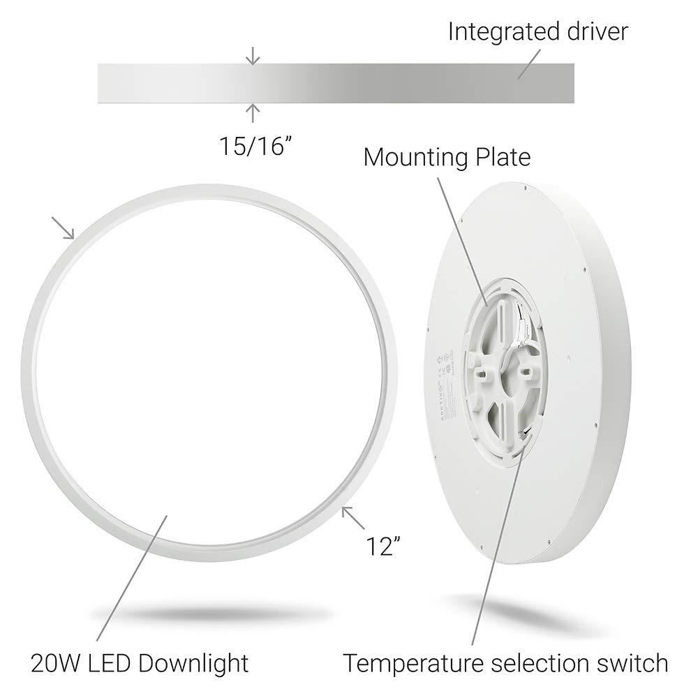 12 Inch 20W Flush Mount LED Ceiling Light, 2000 LM, Round Flush Mount Ceiling Lamp Fixture for Bedroom, Living, Kitchen, Hallway, Bathroom, Stairwell, Color White, Slim, 3 colors in 1(Non Dimmable)