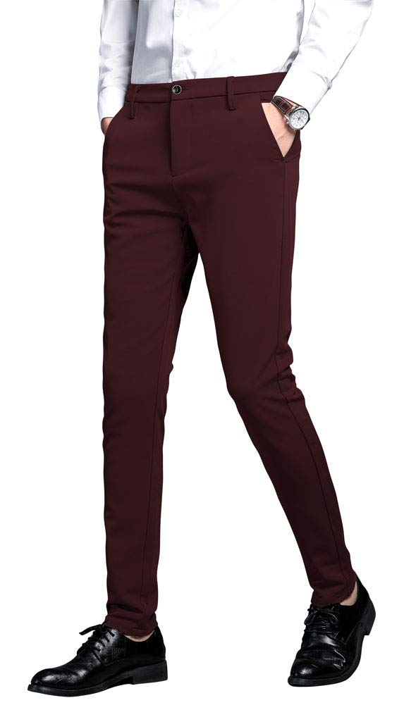 Plaid&Plain Men's Stretch Dress Pants Slim Fit Skinny Suit Pants 7101 Burgundy 32W32L