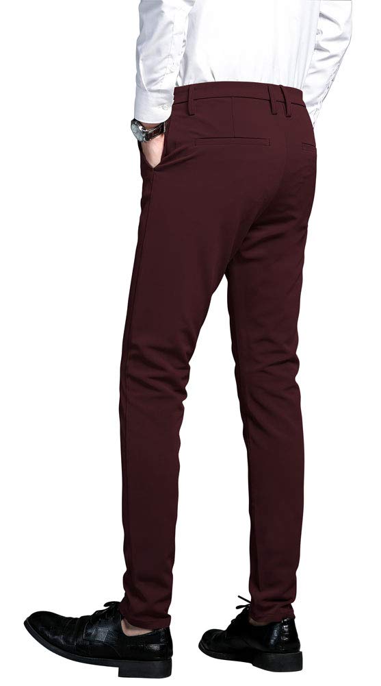 Plaid&Plain Men's Stretch Dress Pants Slim Fit Skinny Suit Pants 7101 Burgundy 32W32L