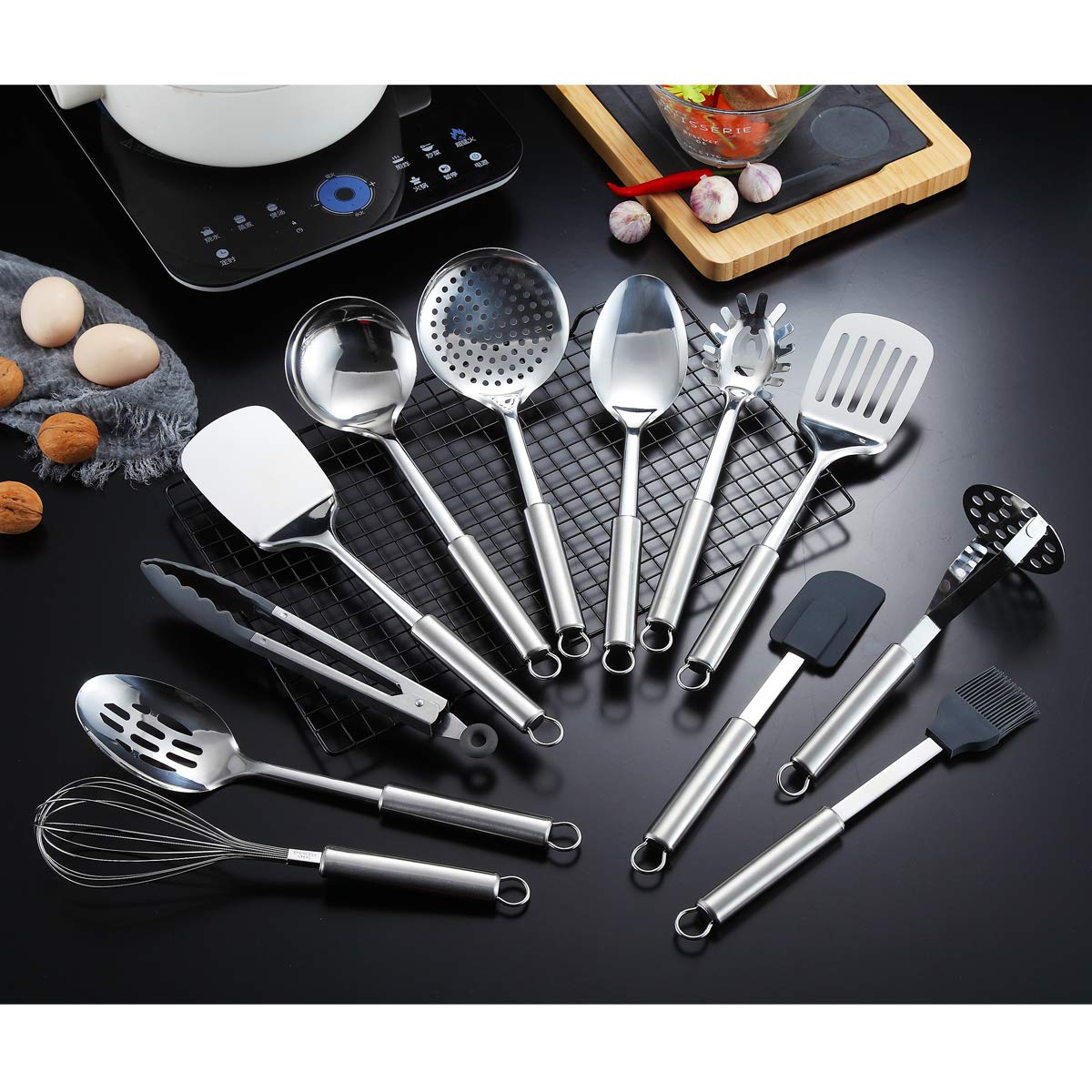 Berglander Cooking Utensil Set 12 Piece Stainless Steel Kitchen Tool Set, Include Cooking Spoon, Spatula, Whisk, Cooking Tong and etc (12 Pieces)