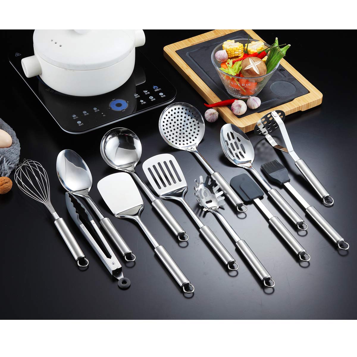 Berglander Cooking Utensil Set 12 Piece Stainless Steel Kitchen Tool Set, Include Cooking Spoon, Spatula, Whisk, Cooking Tong and etc (12 Pieces)