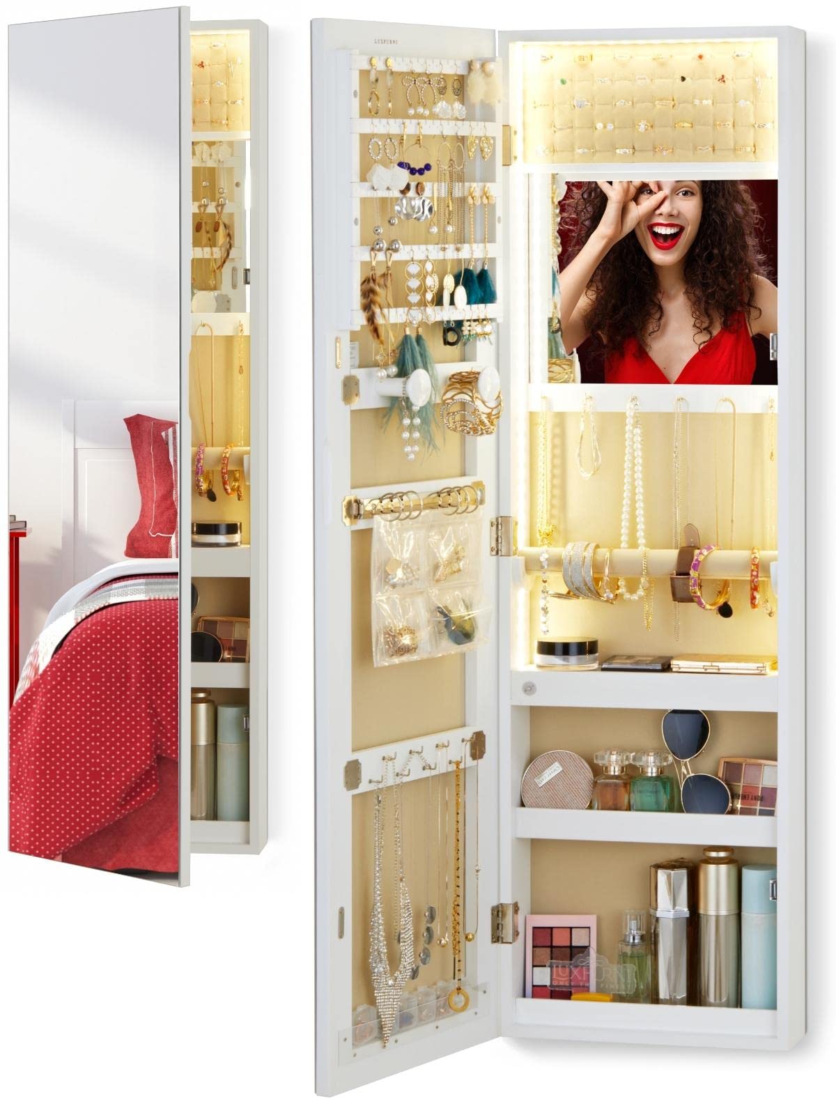 LUXFURNI Mirror with Storage, Jewelry Cabinet Armoire, Door/Wall Mounted LED Jewelry Organizer, Interior Mirror, Lockable, White