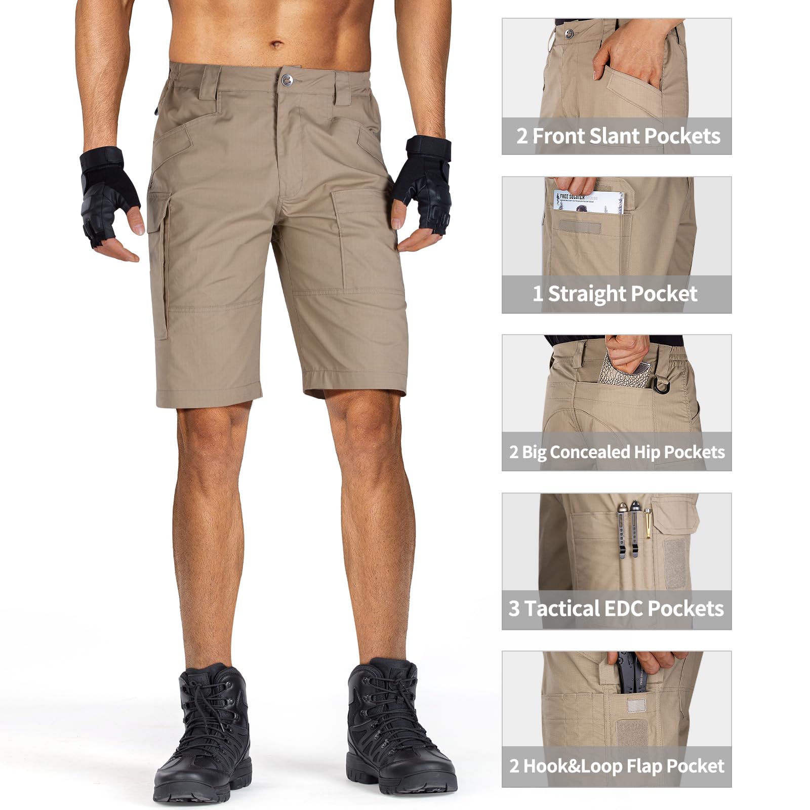 FREE SOLDIER Men's Hiking Tactical Cargo Shorts Multiple Pockets Waterproof Shorts Outdoor Fishing Camping Shorts Coyote Brown 34W x 11L