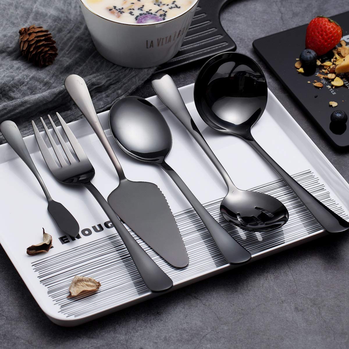 HOMQUEN 6-Piece Black Serving Flatware Silverware Set,Stainless Steel Serving Utensil Set,Include Cake Server, Slotted Serving Spoon, Serving Spoon, Cold Meat Fork, Butter Knife, Soup Ladle