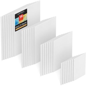 ARTEZA Premium Canvas Boards for Painting, 5 x 7, 8 x 10, 9 x 12, 11 x 14 Inches, Multipack of 28, White Canvas for Acrylic, Oil and Gouache Painting