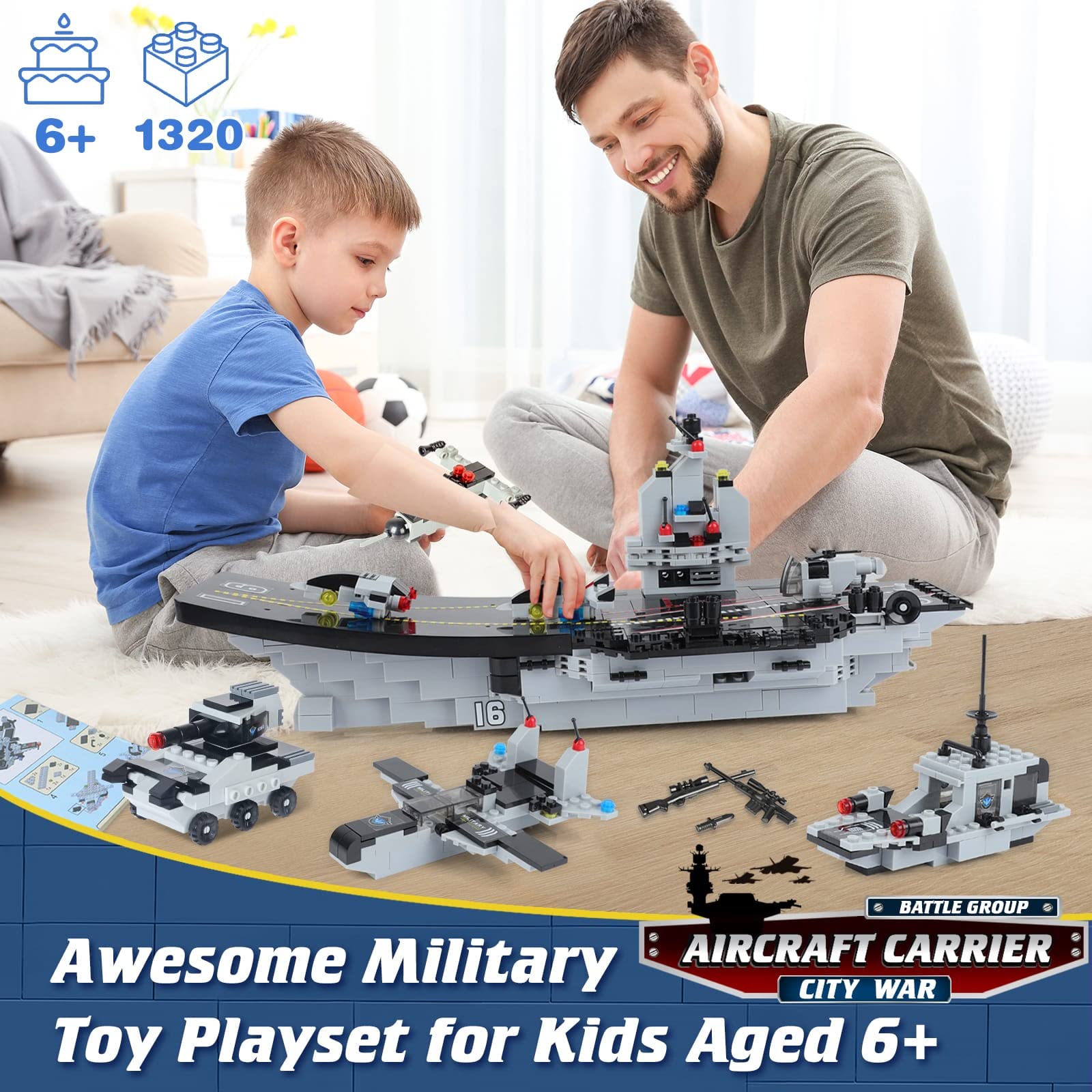 WishaLife 1320 Pieces Aircraft Carrier Building Blocks Set, Military Battleship Model Toy with Army Car, Helicopter & Boat, Military Toys Gift for Kids Boys Girls Age 6-12