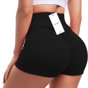 Women Yoga Shorts Ruched Booty High Waisted Gym Workout Shorts Butt Lifting Hot Pants Black