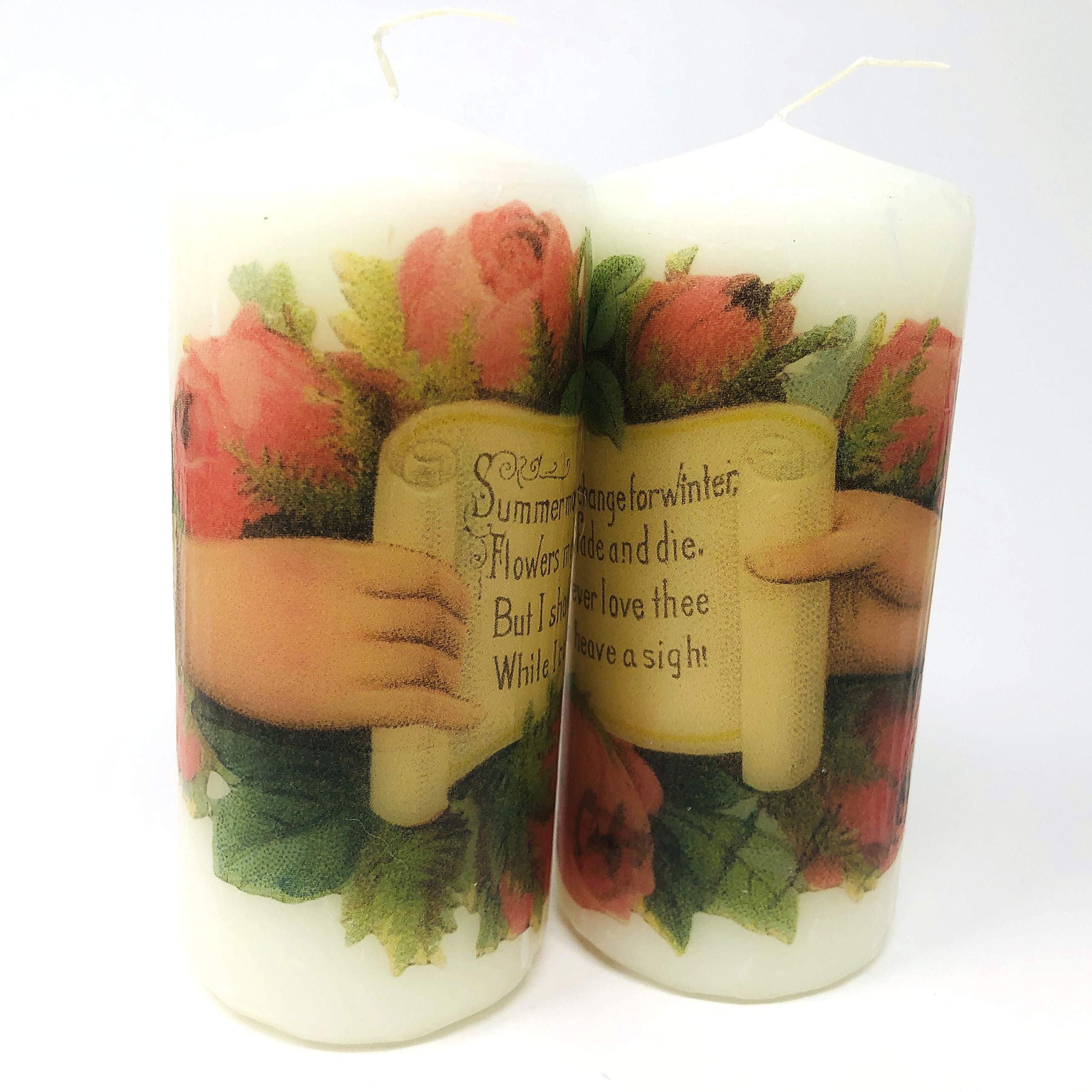 valentine's day antique roses, handmade 2 pieces set Decoupage up cycle pillar candle 2 x 4 inches tall white unscented centerpiece, hand decorated