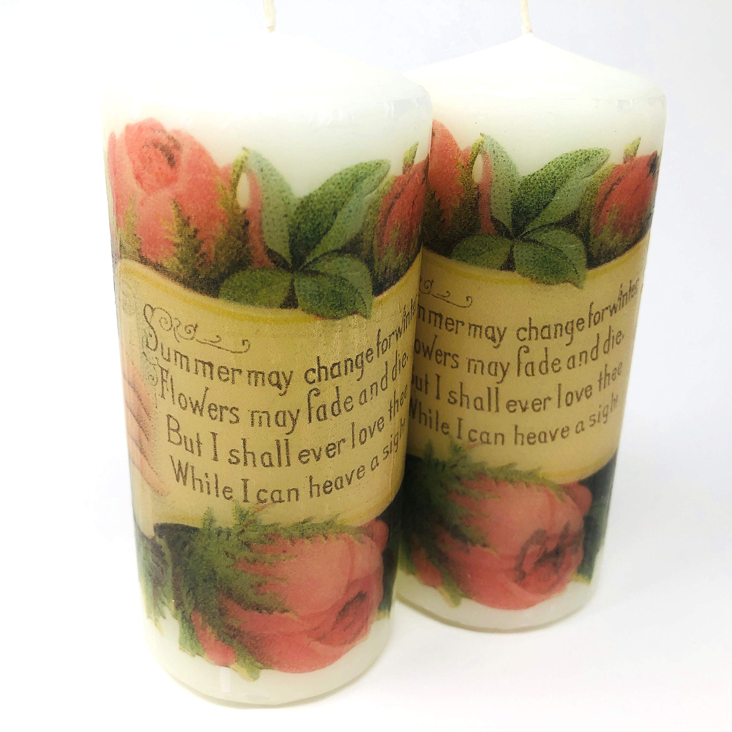 valentine's day antique roses, handmade 2 pieces set Decoupage up cycle pillar candle 2 x 4 inches tall white unscented centerpiece, hand decorated