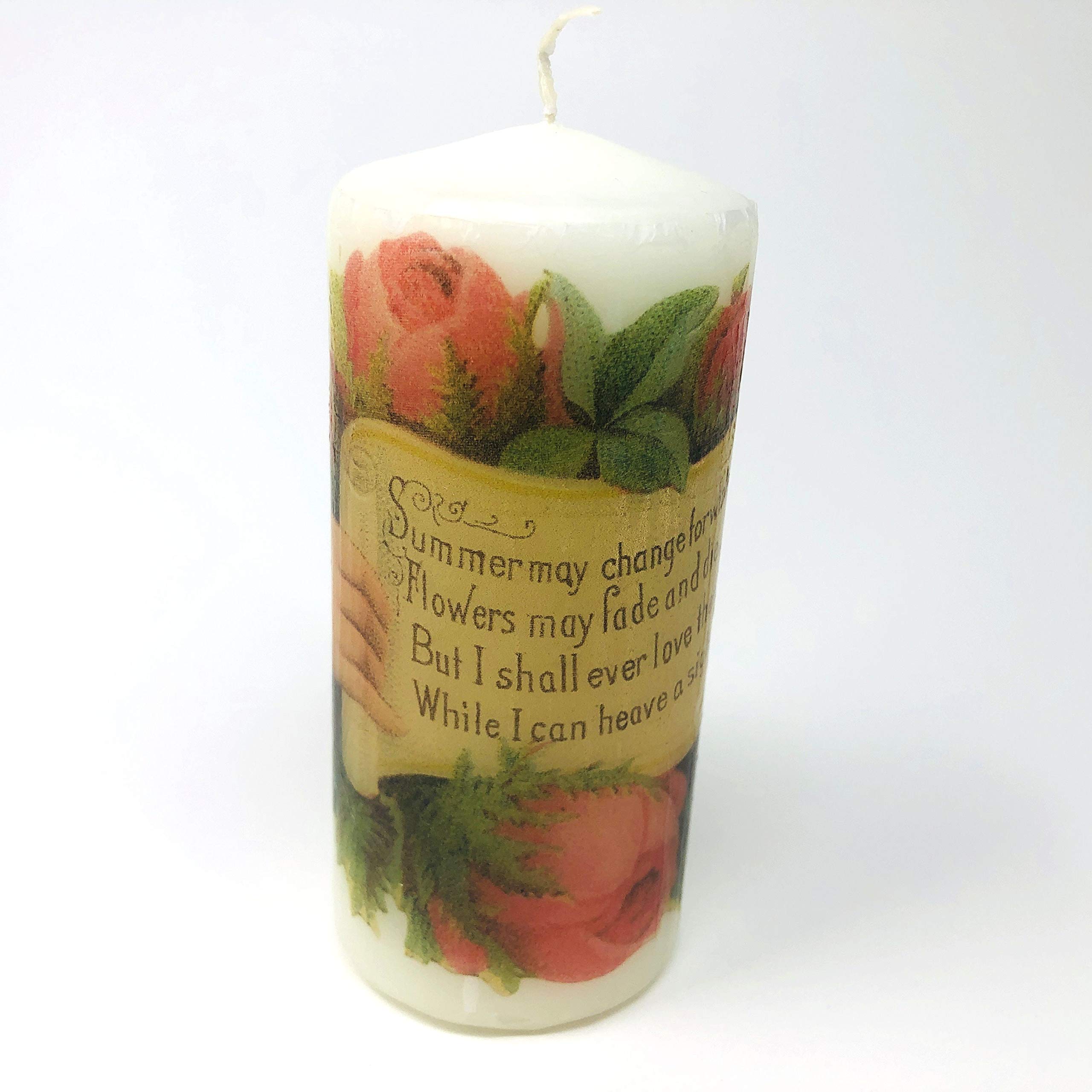 valentine's day antique roses, handmade 2 pieces set Decoupage up cycle pillar candle 2 x 4 inches tall white unscented centerpiece, hand decorated