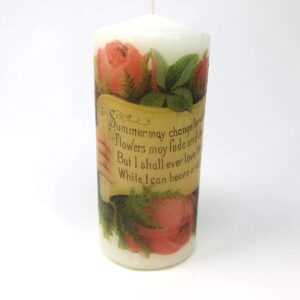 valentine's day antique roses, handmade 2 pieces set Decoupage up cycle pillar candle 2 x 4 inches tall white unscented centerpiece, hand decorated